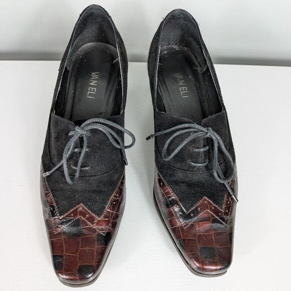 Y2K Leather Heels Lace Up Loafers 9.5 Black Brown Wingtip Suede Square Academia - Picture 2 of 11